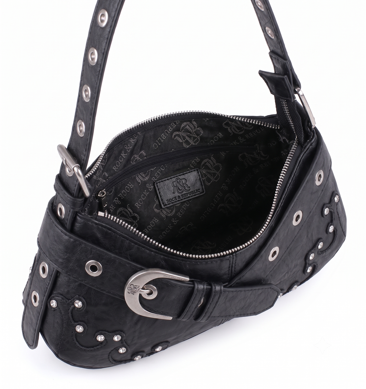 Rock & Republic Crystal Wave Baguette Shoulder Bag in Black PU interior view showing monogram lining and baguette body.