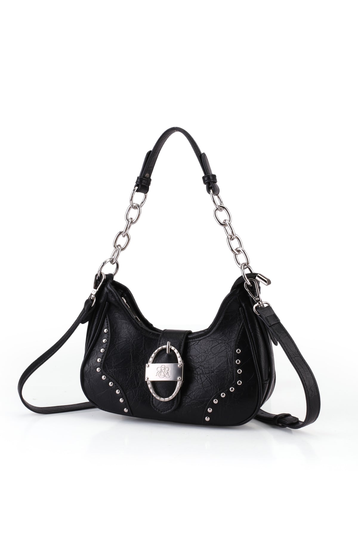 Studded Ruched Hobo Shoulder Bag with Chain Strap