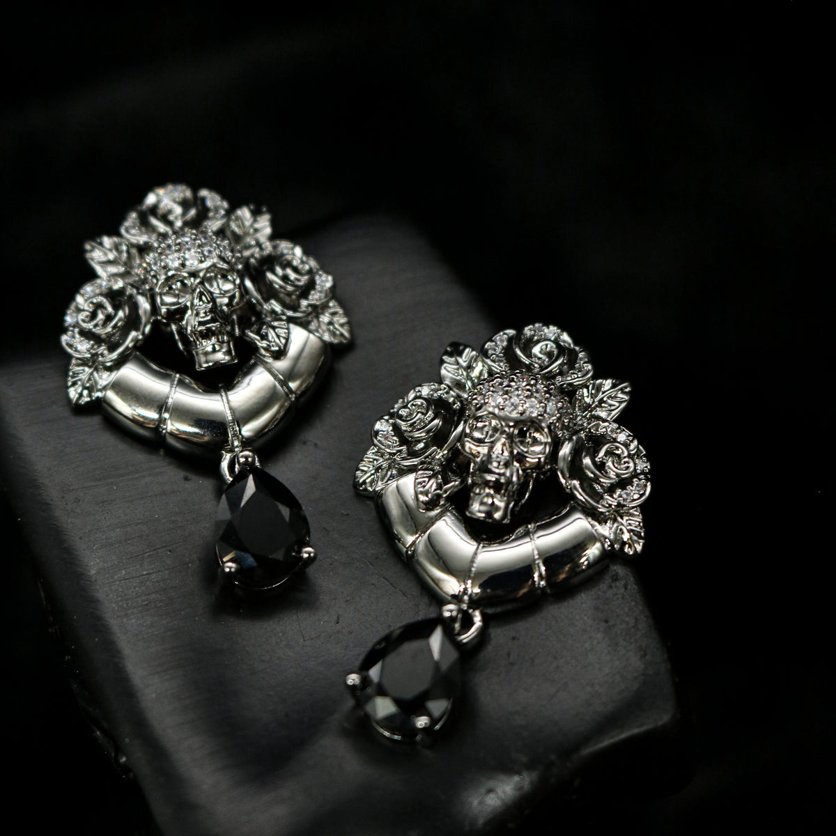 Skull Rose Black Teardrop Drop Earrings