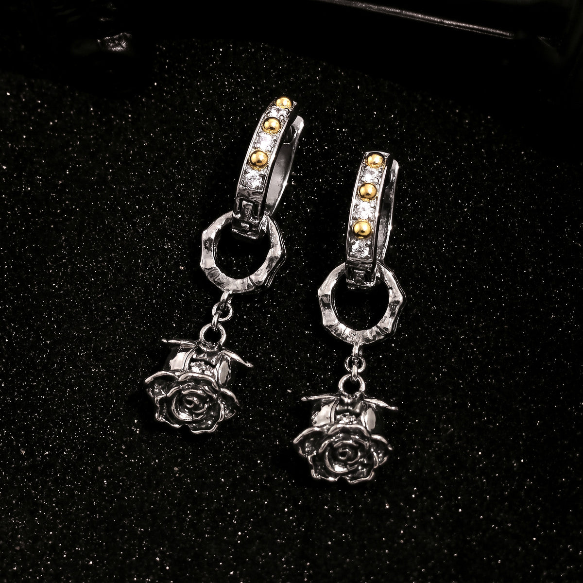 Black Cubic Zirconia Rose Charm Hoop Earrings