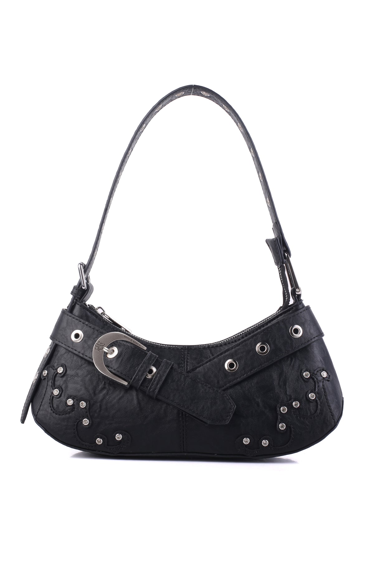 Rock & Republic Crystal Wave Baguette Shoulder Bag in Black PU with crystal wave trim and sleek baguette shape.