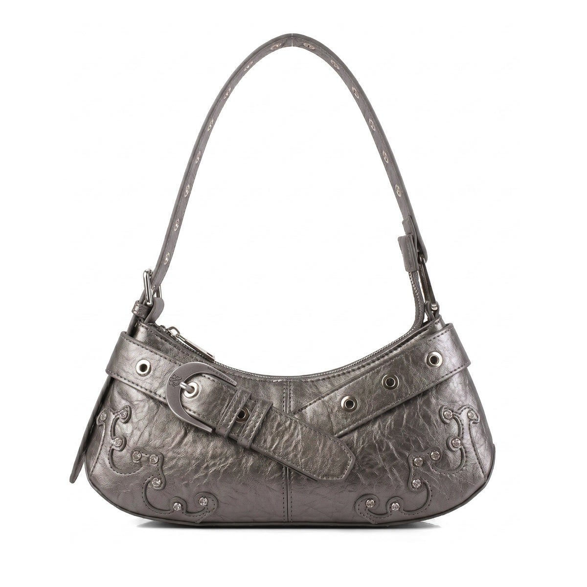Rock & Republic Crystal Wave Baguette Shoulder Bag in Pewter metallic PU with crystal waves and baguette silhouette.