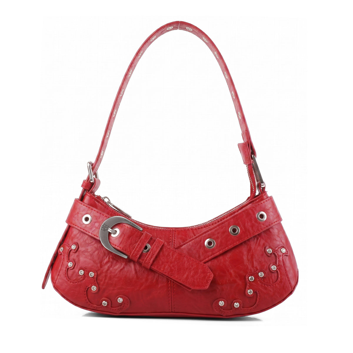 Rock & Republic Crystal Wave Baguette Shoulder Bag in Red PU leather with crystal accents and sleek baguette shape.