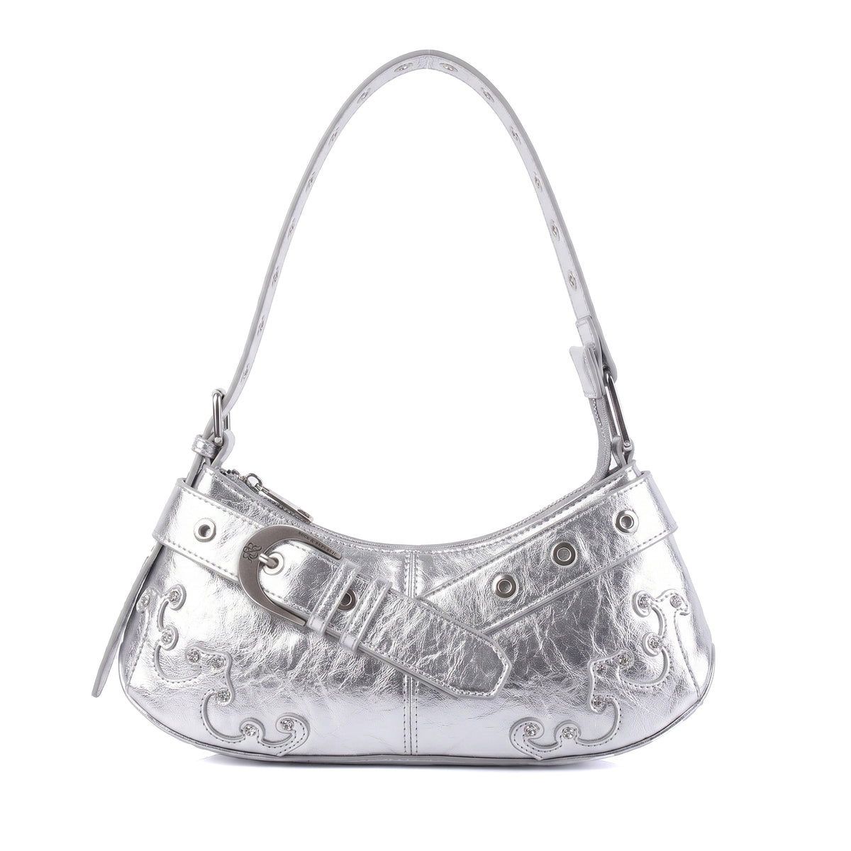 Rock & Republic Crystal Wave Baguette Shoulder Bag in Silver metallic PU with crystal waves and baguette silhouette.