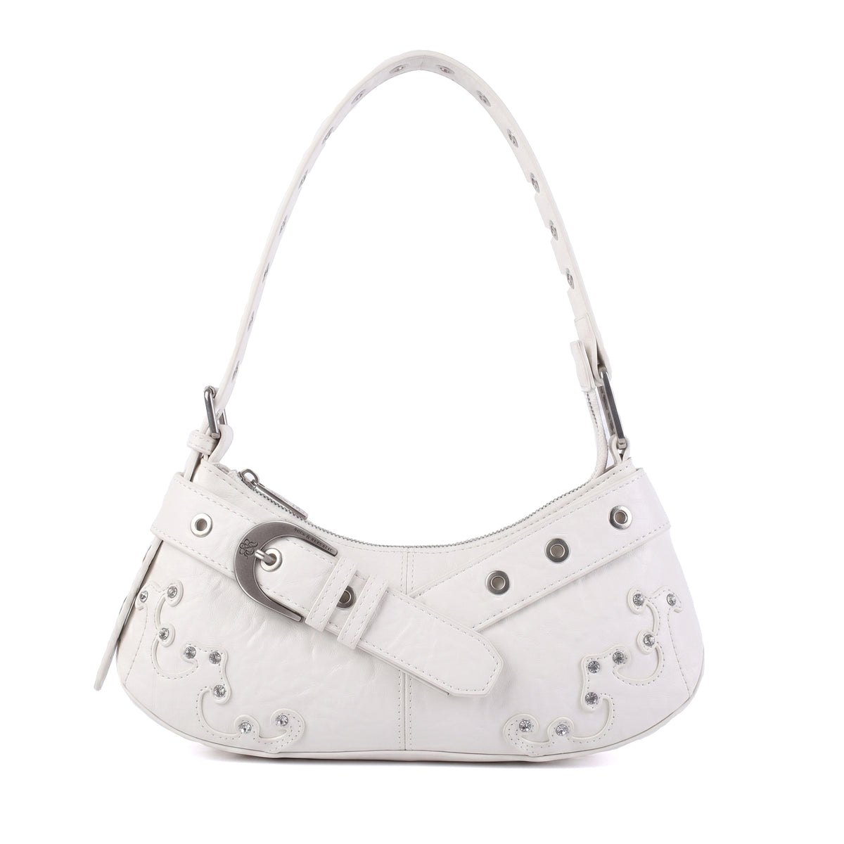 Rock & Republic Crystal Wave Baguette Shoulder Bag in White PU leather with crystal trim and chic baguette profile.