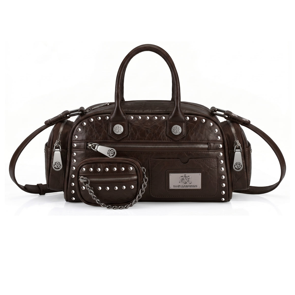 Rock & Republic Studded Mini Boston Bag in Coffee PU leather with chain pouch, studs and structured boston silhouette.