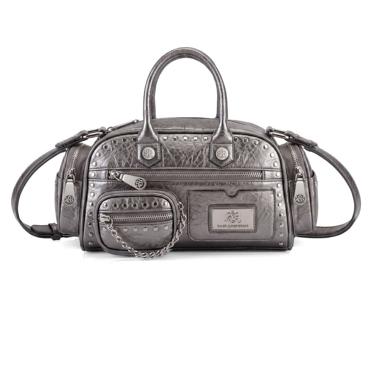 Rock & Republic Studded Mini Boston Bag in Pewter metallic PU with a studded chain pouch and sleek boston silhouette.