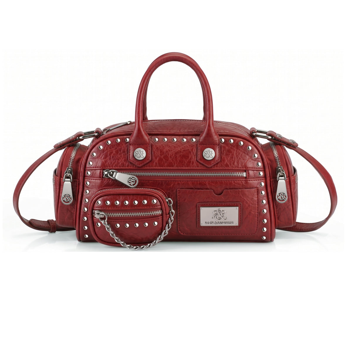 Rock & Republic Studded Mini Boston Bag in Red PU leather with chain-accented pouch and structured boston silhouette.