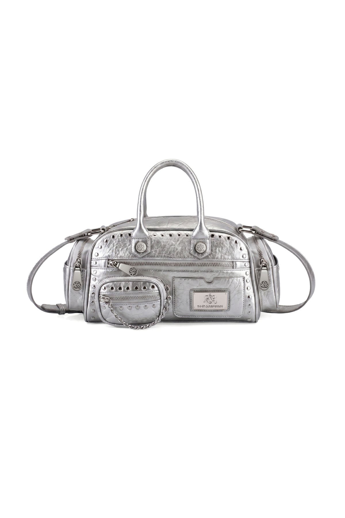 Rock & Republic Studded Mini Boston Bag in Silver PU leather with chain pouch, studs and structured boston silhouette.