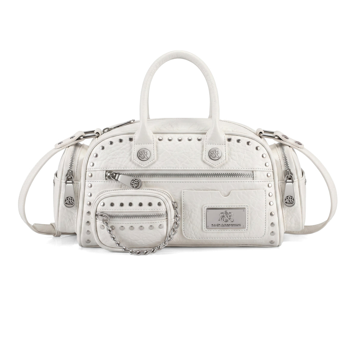Rock & Republic Studded Mini Boston Bag in White PU leather with chain pouch, studs and structured boston silhouette.