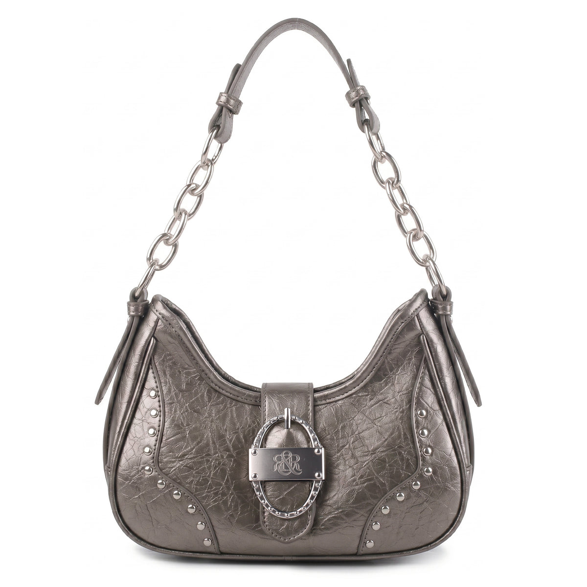 Studded Ruched Hobo Shoulder Bag with Chain Strap