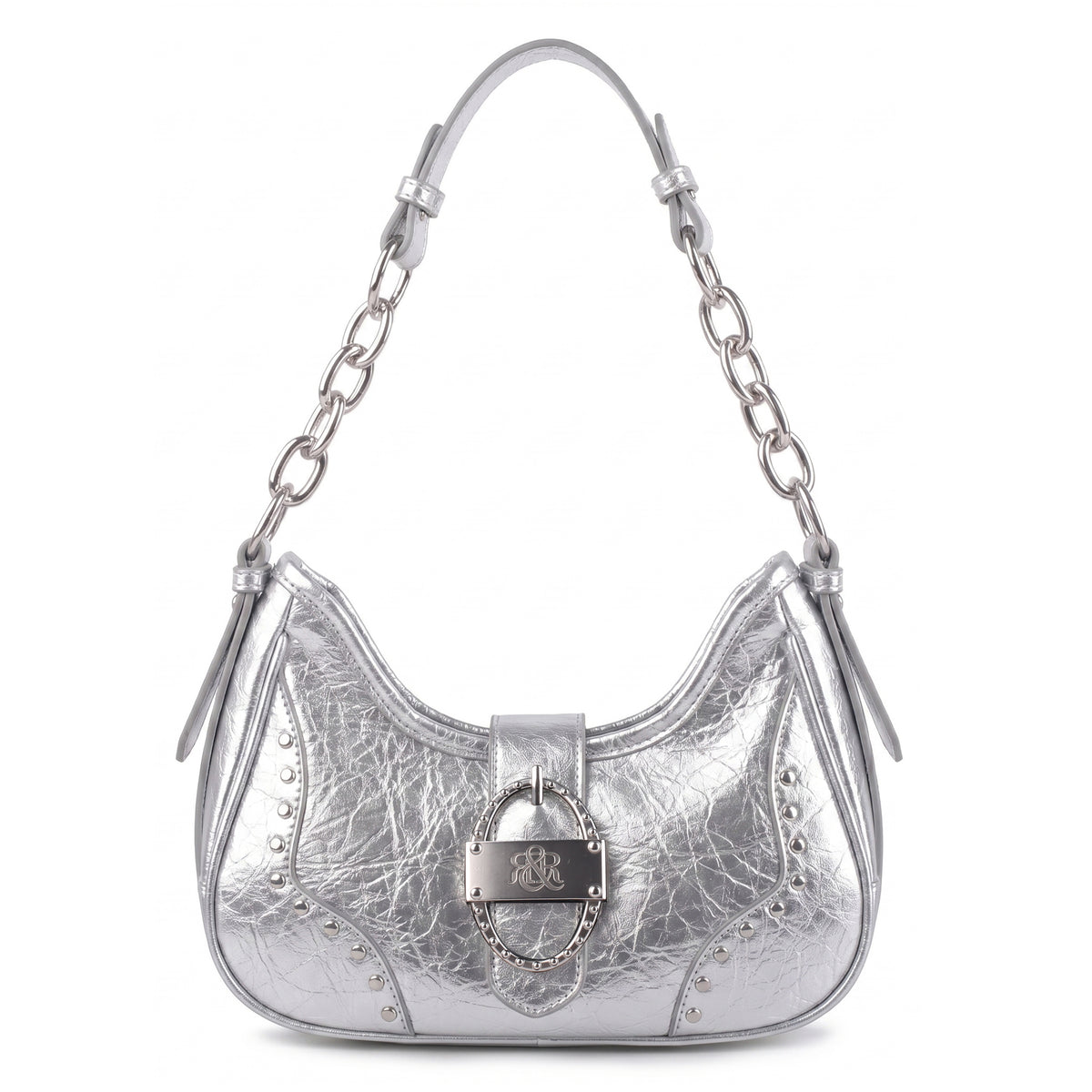 Studded Ruched Hobo Shoulder Bag with Chain Strap