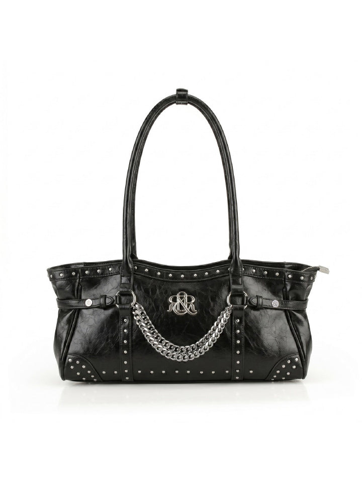 Studded Shoulder Bag with Draped Chain and RR Logo Hardware