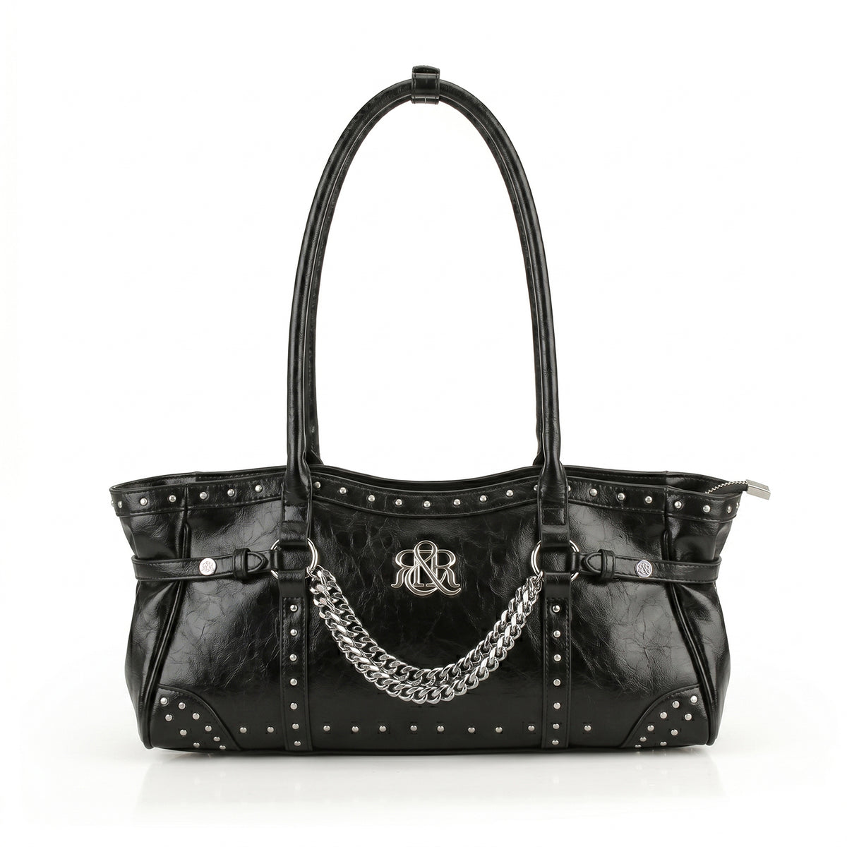 Rock & Republic Studded Draped Chain Shoulder Bag in Black PU leather with draped silver chain and structured boston body.