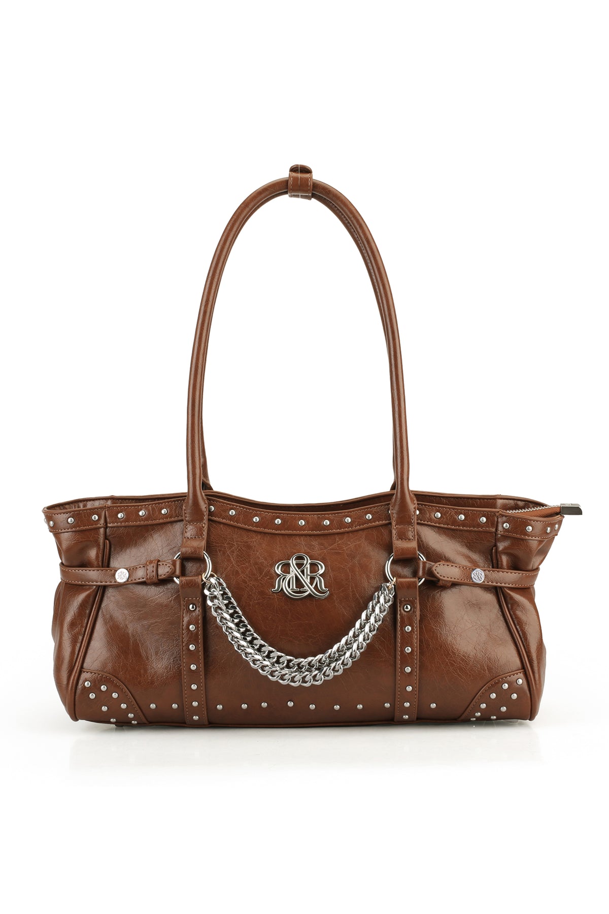 Rock & Republic Studded Draped Chain Shoulder Bag in Dark Brown PU with draped chain and structured boston silhouette.