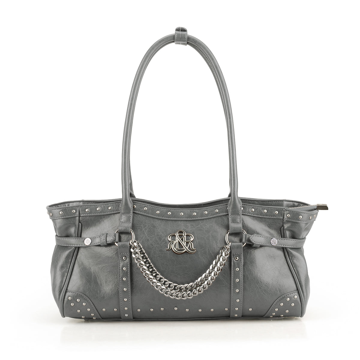 Rock & Republic Studded Draped Chain Shoulder Bag in Light Blue PU with draped chain and structured boston silhouette.