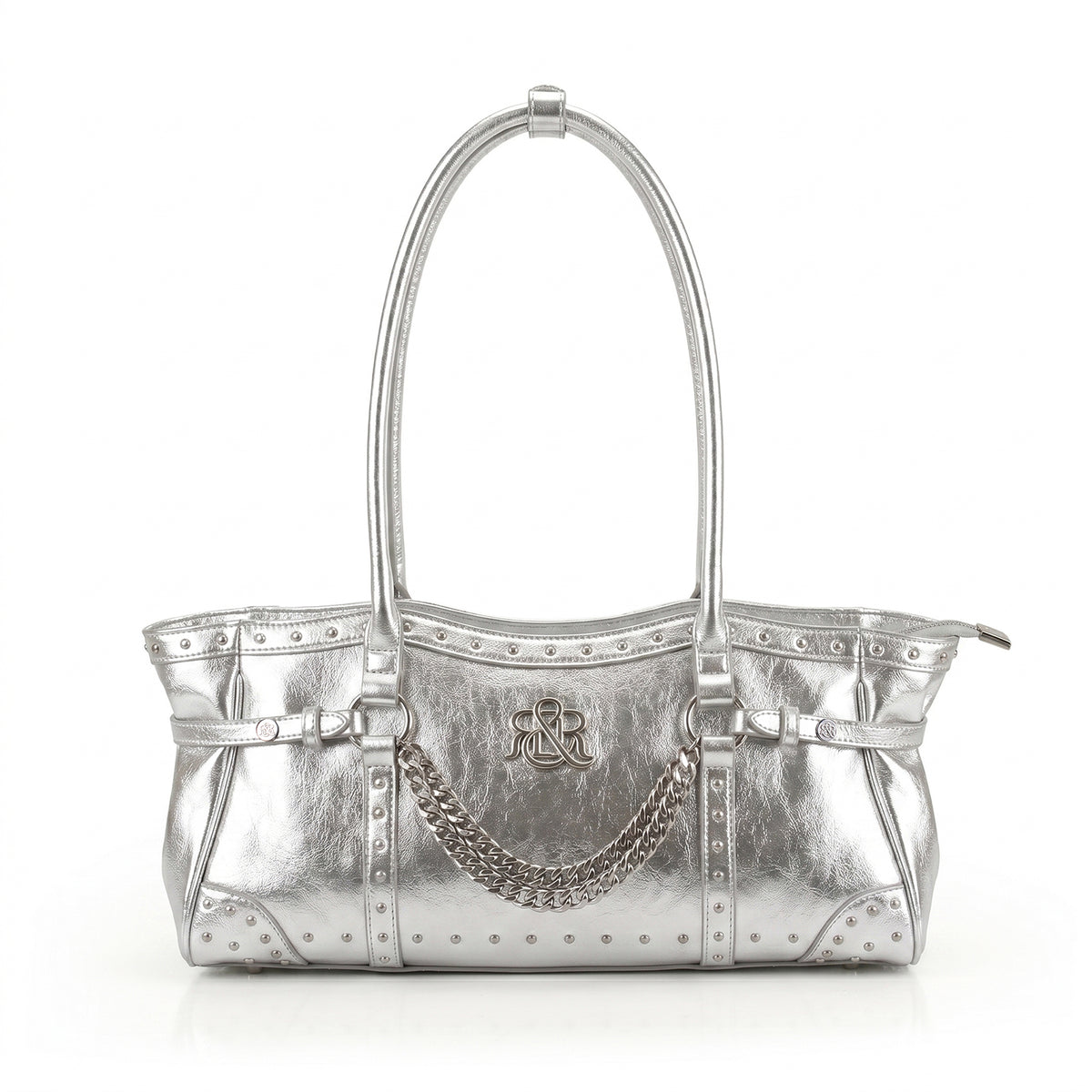 Rock & Republic Studded Draped Chain Shoulder Bag in Silver PU leather featuring draped chain and metallic boston shape.