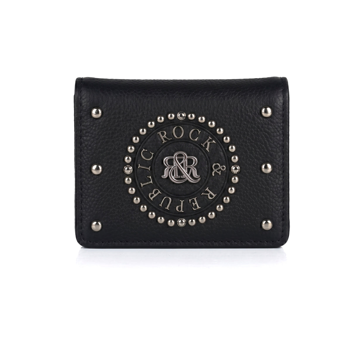 Rock & Republic Studded Border Flap Wallet in Black pebbled PU with corner studs and compact bifold wallet silhouette.