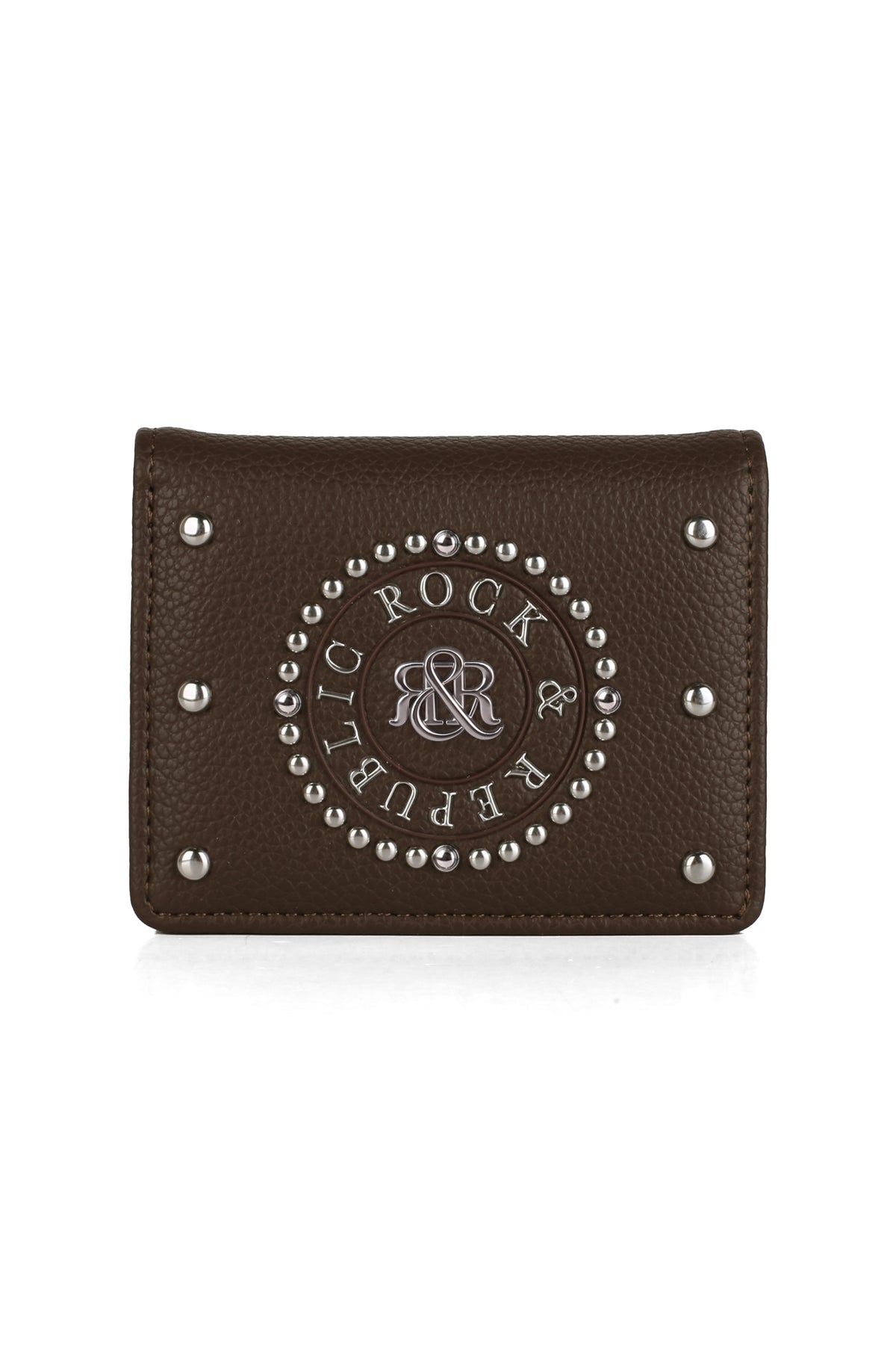 Rock & Republic Studded Border Flap Wallet in Coffee PU showing bold studs, logo medallion, and bifold wallet silhouette.