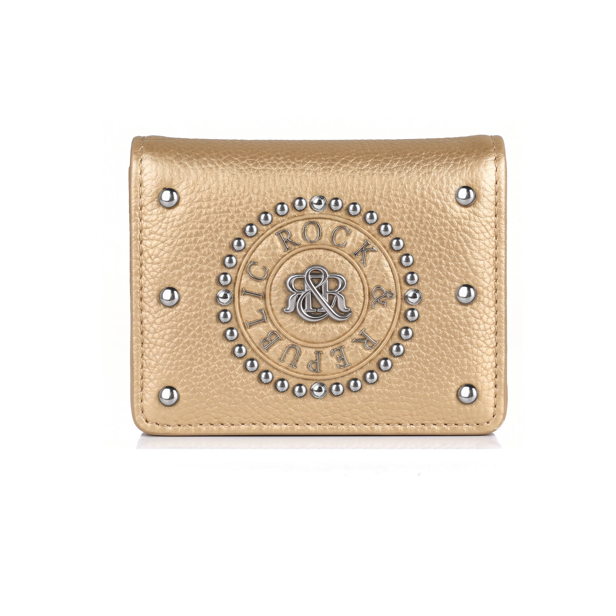 Rock & Republic Studded Border Flap Wallet in Gold metallic PU with corner studs and compact bifold wallet silhouette.
