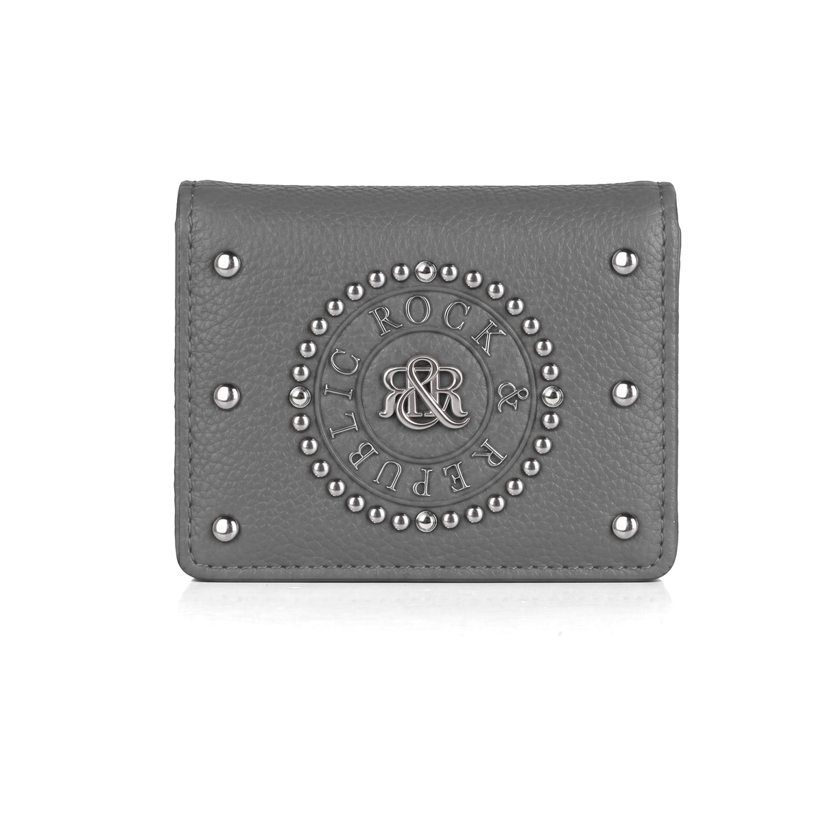 Rock & Republic Studded Border Flap Wallet in Gray pebbled PU with corner studs and compact bifold wallet silhouette.