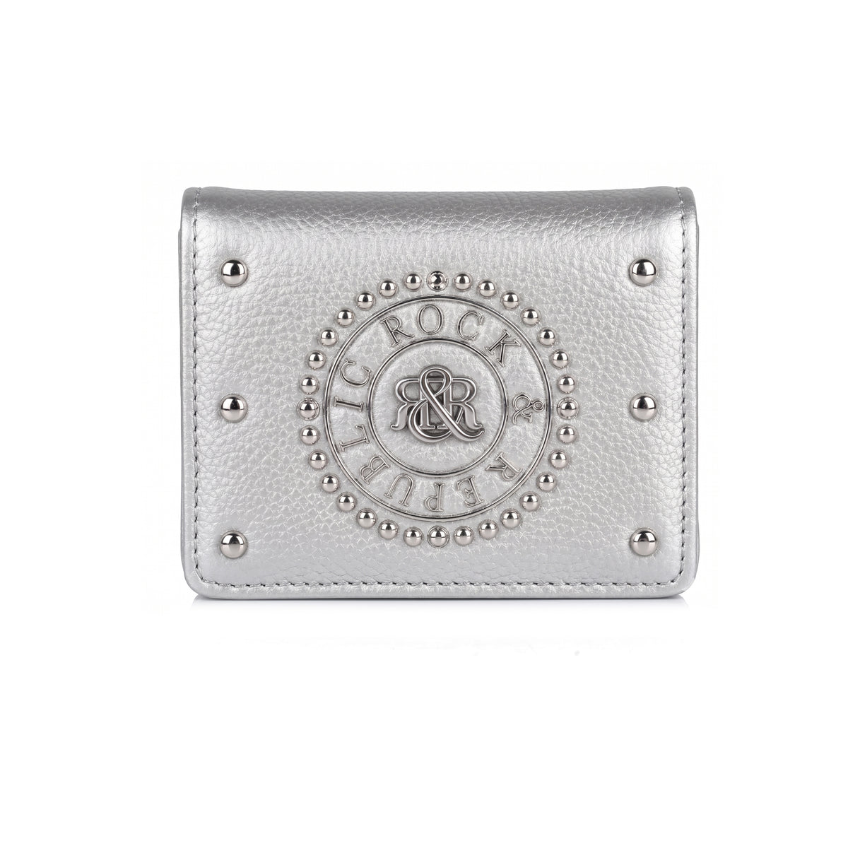 Rock & Republic Studded Border Flap Wallet in Silver metallic PU with corner studs and compact bifold wallet profile.