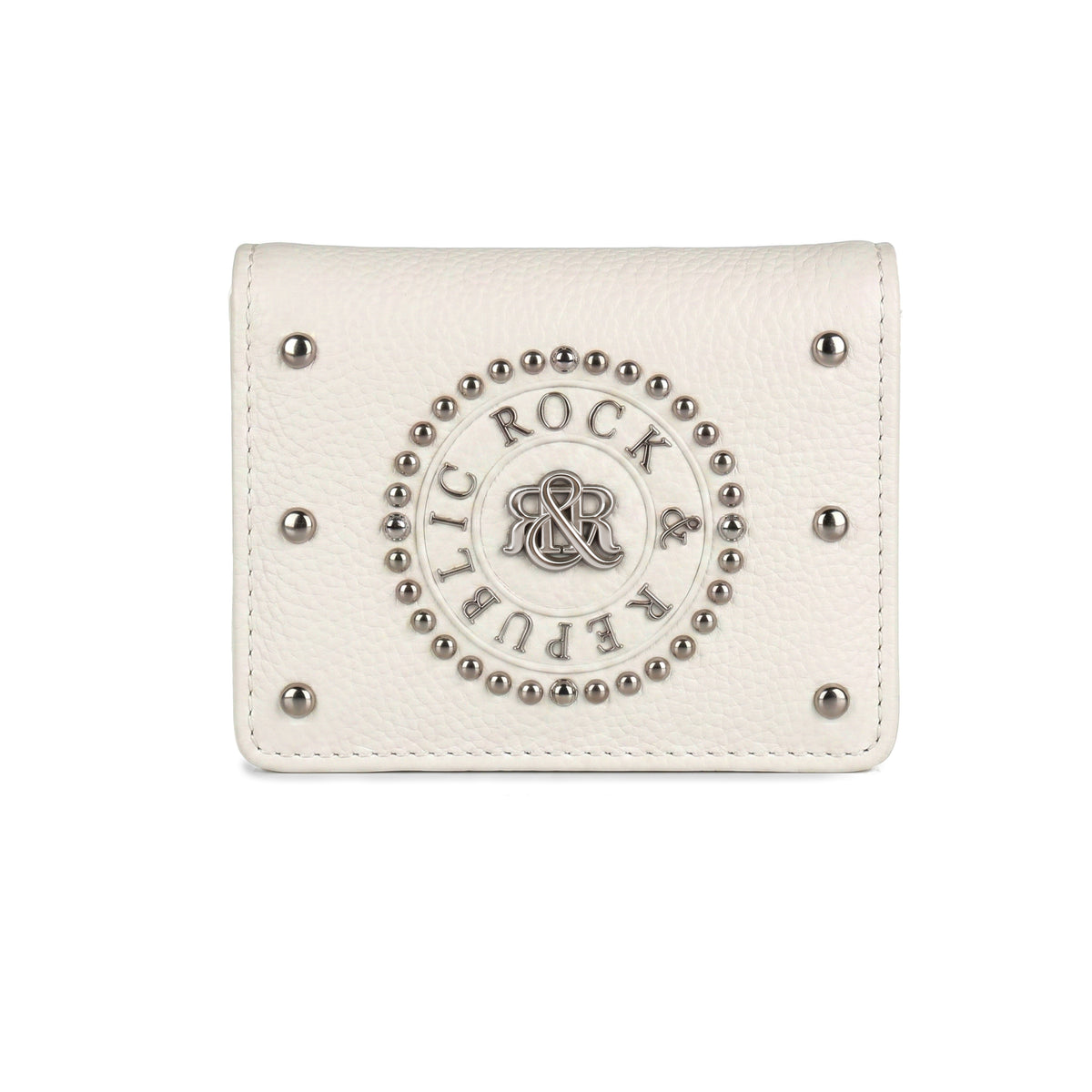 Rock & Republic Studded Border Flap Wallet in White pebbled PU with corner studs and compact bifold wallet silhouette.