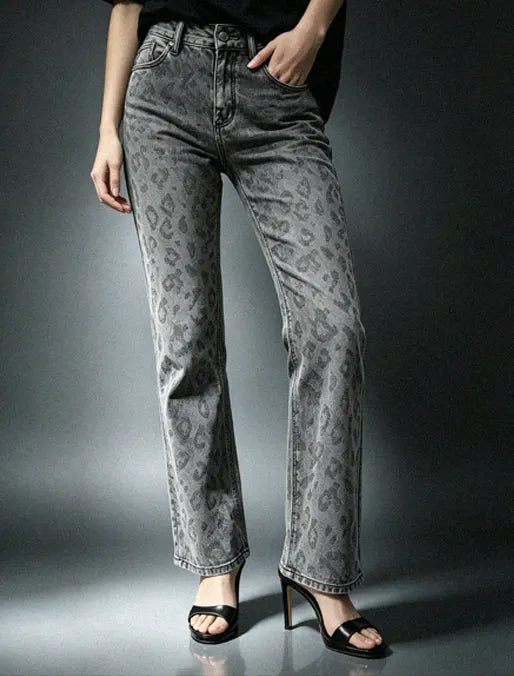 Kaia Grey Leopard Straight Jean