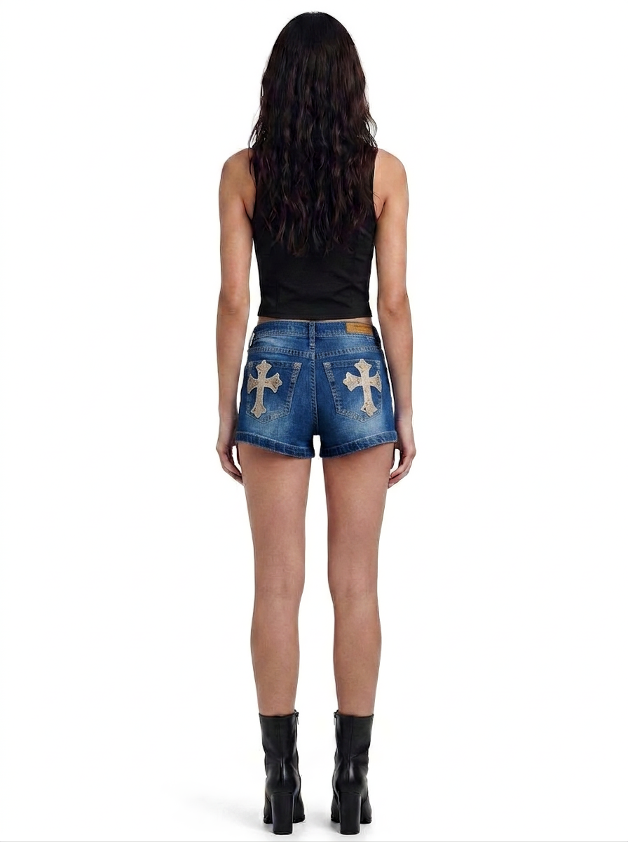 Cross Appliqué Denim Shorts