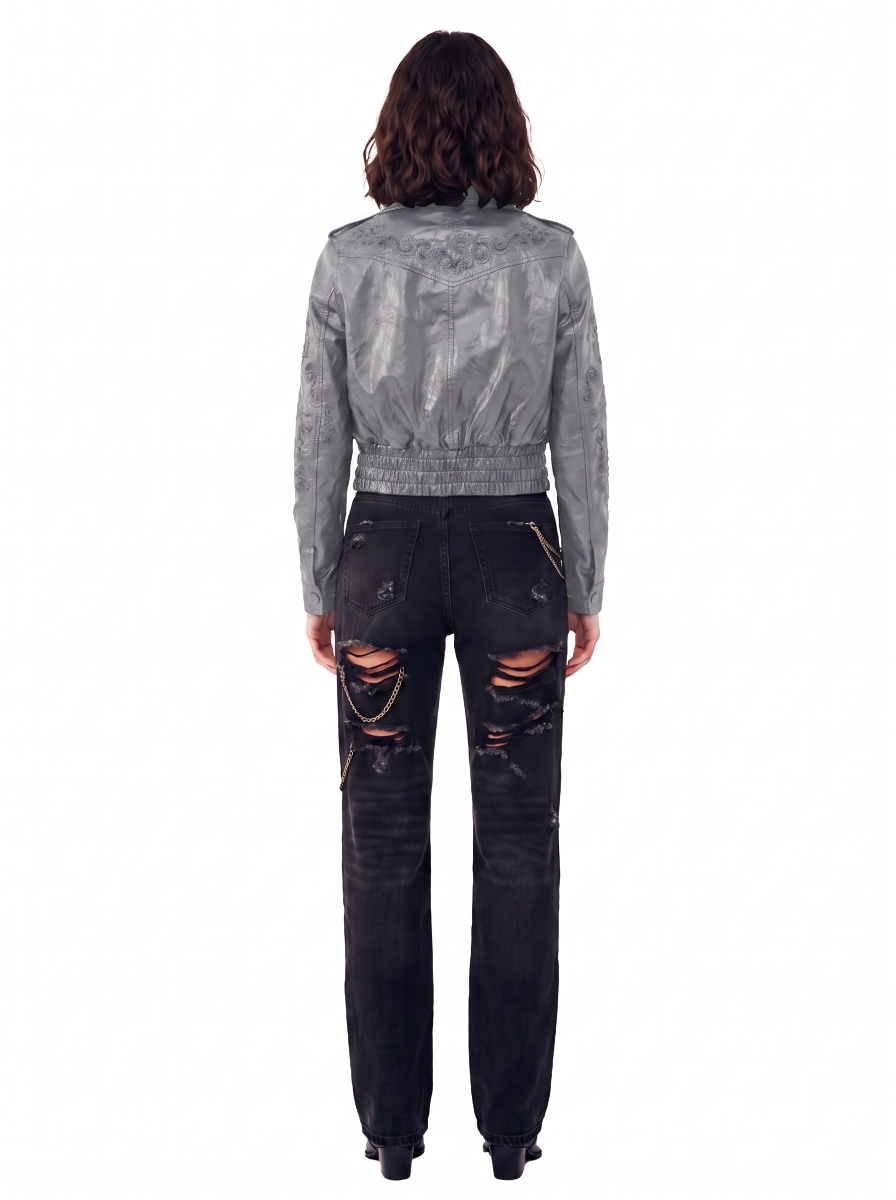 Women's Embroidered Cropped Leather Jacket