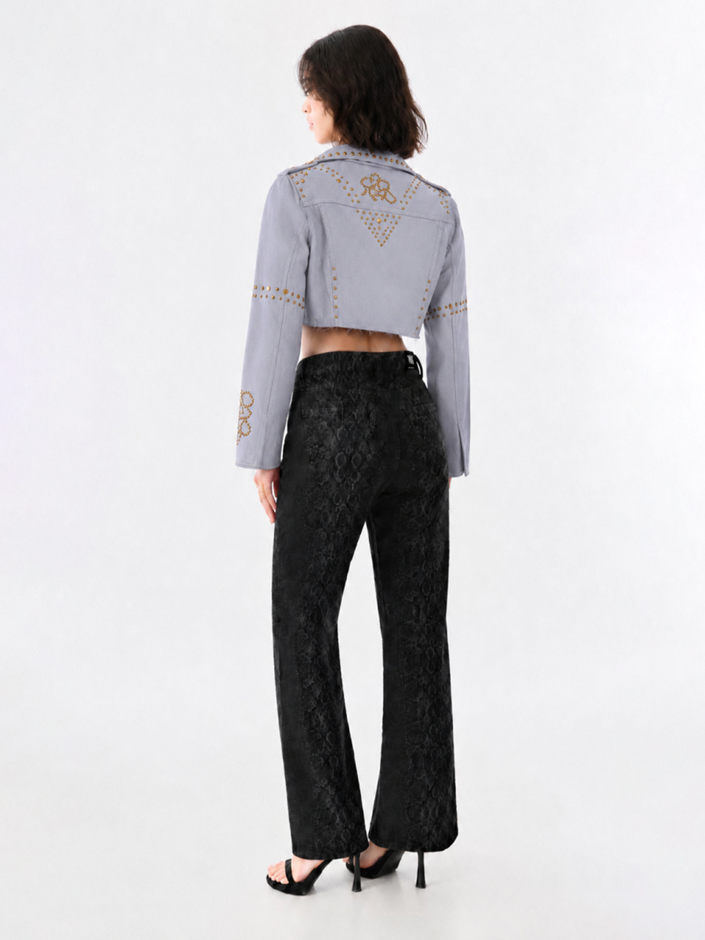 Gold-Stud Cropped Denim Jacket