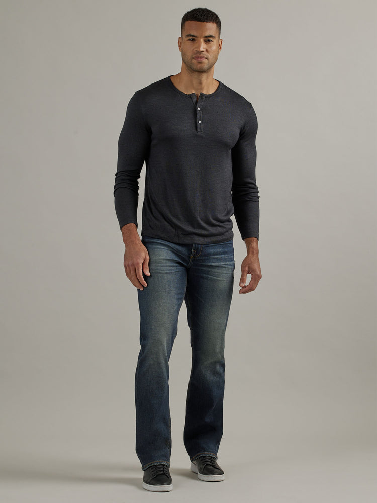 Front full view of Rock & Republic Henlee bootcut jeans in Rocky Road featuring dark vintage wash and subtle whiskering.