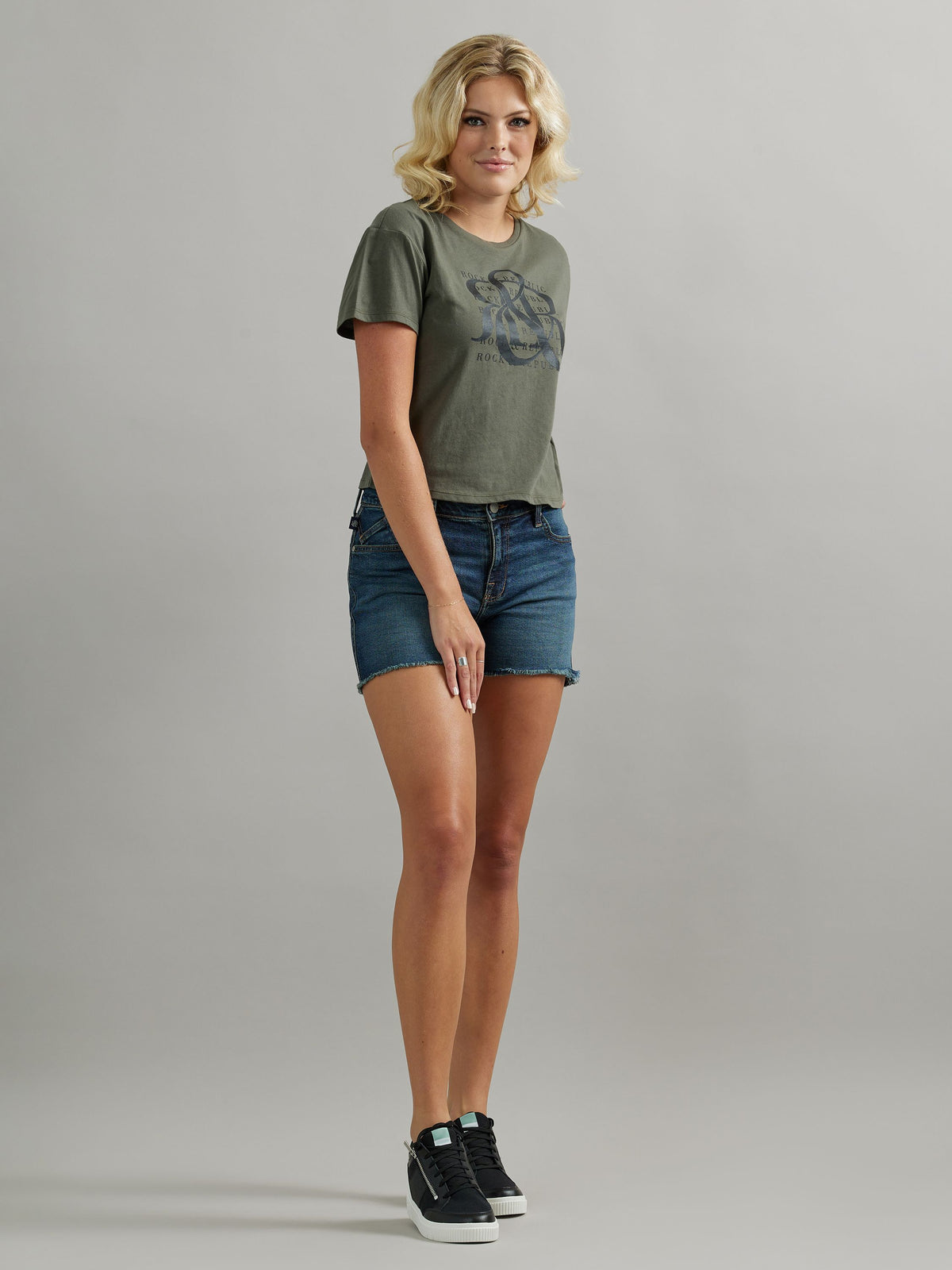 Front view of Rock & Republic Hula Short in It Girl dark wash denim featuring mid rise and raw frayed cut-off hems.
