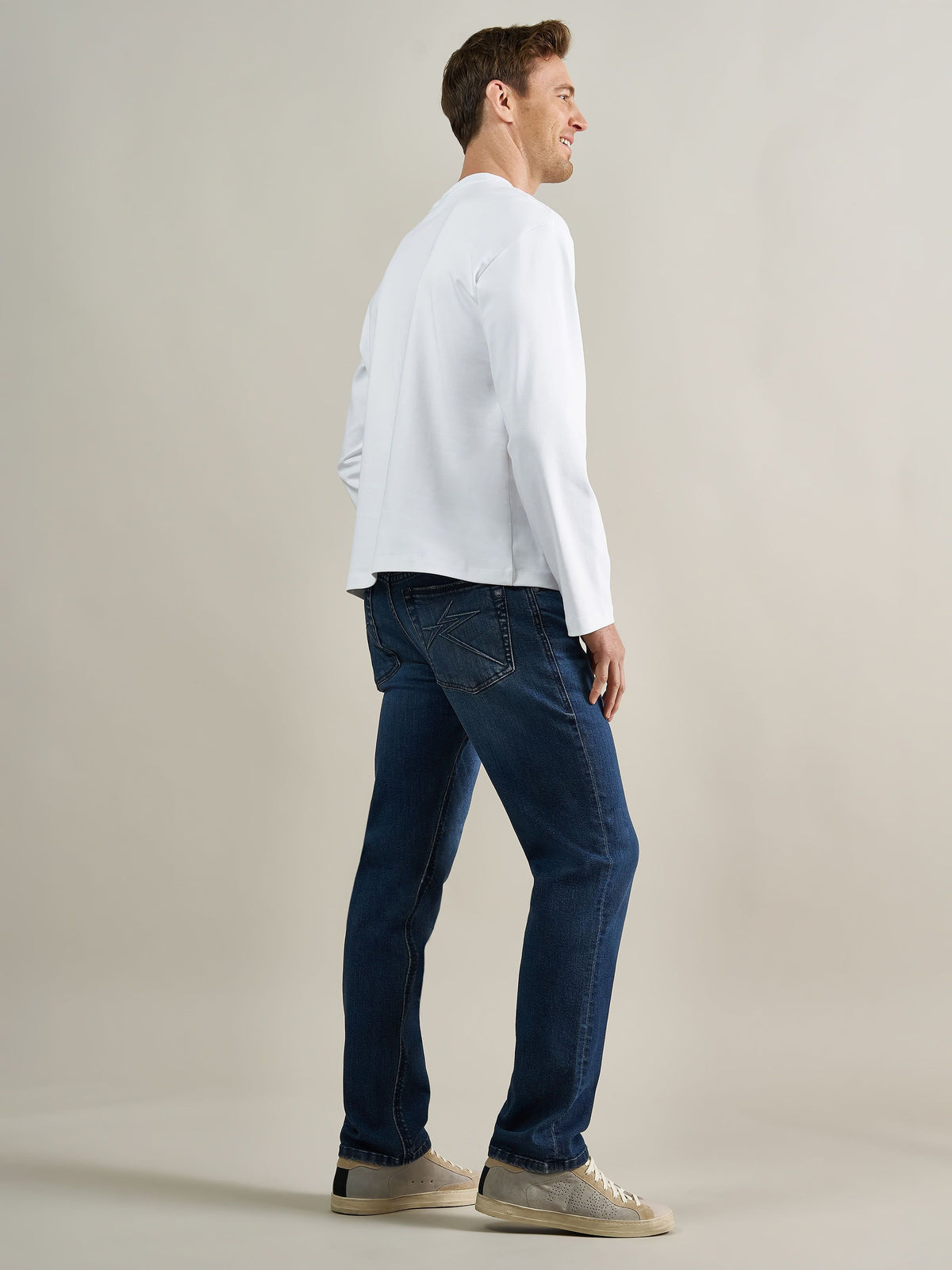 Side profile view of Rock & Republic Neil straight jeans in Boys Club highlighting versatile straight leg silhouette.