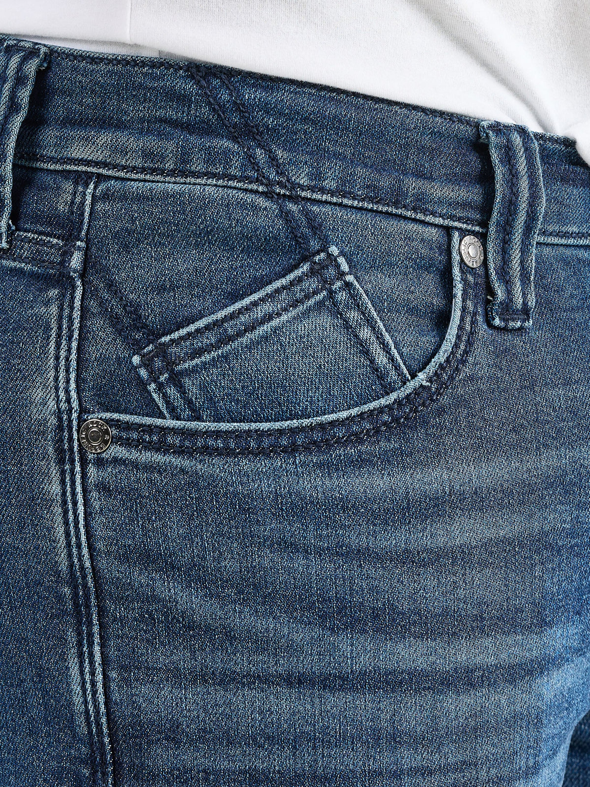 Close-up of Rock & Republic Neil jeans front waist in Boys Club showing angled coin pocket and branded rivet detailing.