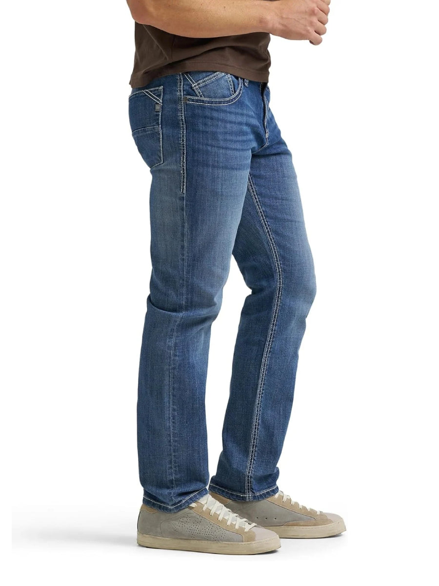 Side profile view of Rock & Republic Colburg slim straight jeans in Jet Stream highlighting bold contrast outseam stitching.