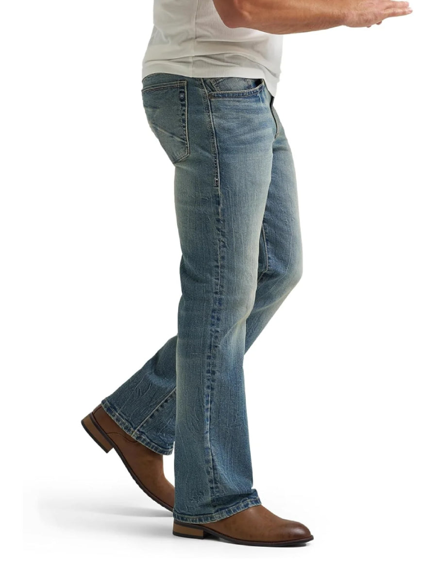 Side profile view of Rock & Republic Henlee bootcut jeans in Headbanger highlighting sleek fit and flare bootcut hem.