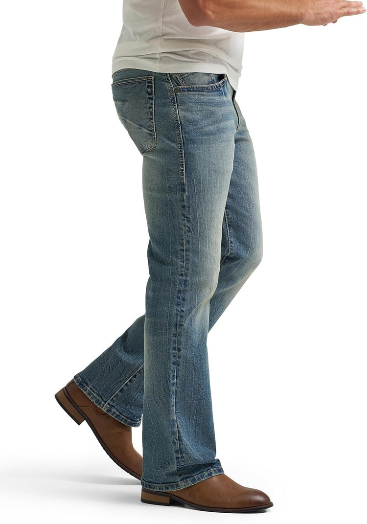 Side profile view of Rock & Republic Henlee bootcut jeans in Headbanger highlighting sleek fit and flare bootcut hem.
