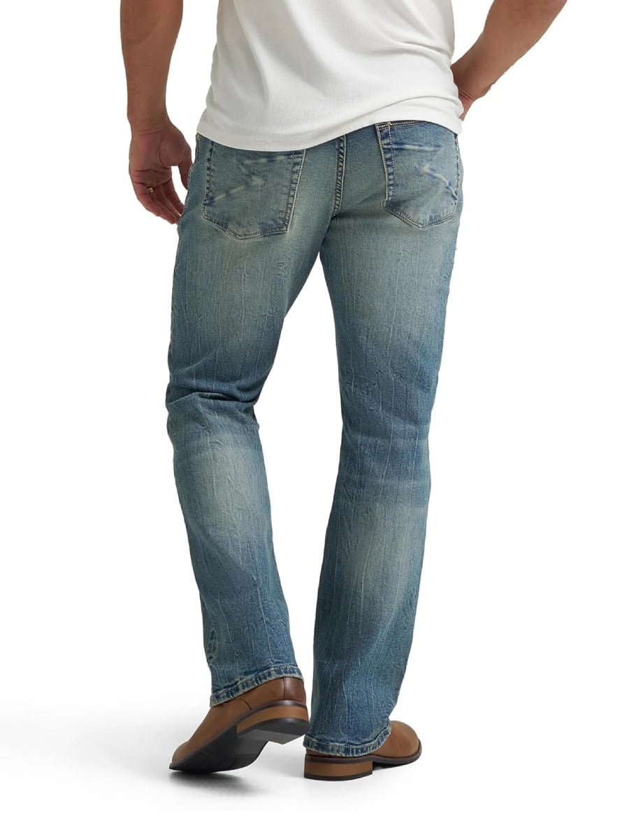 Back full view of Rock & Republic Henlee bootcut jeans in Headbanger showing rear pocket details and flared bootcut fit.