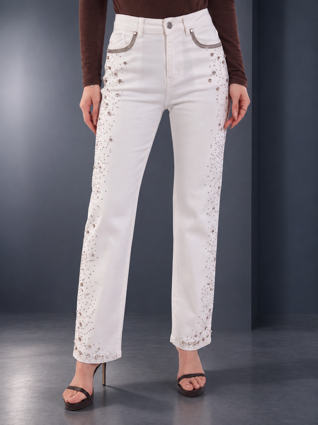 Kaia Mid Rise Crystal Spray Straight Jean