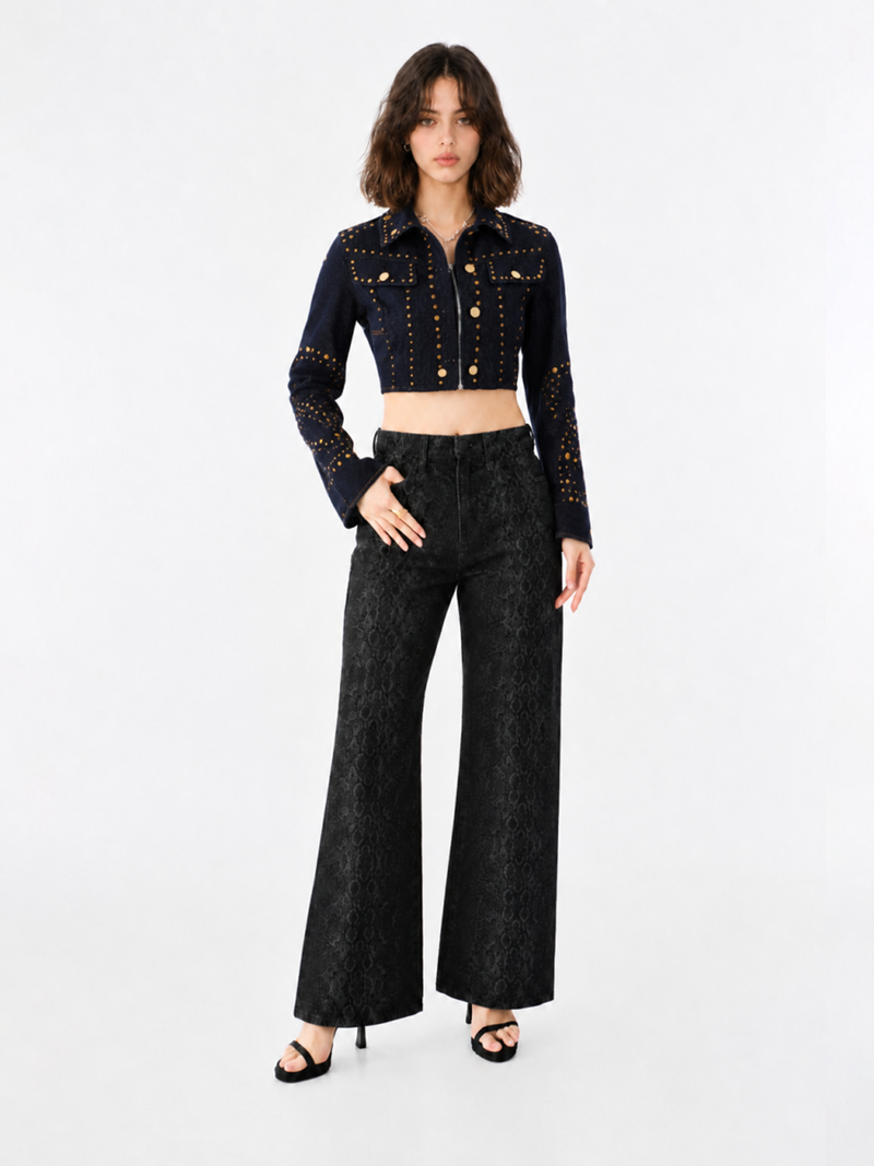 Gold-Stud Cropped Denim Jacket