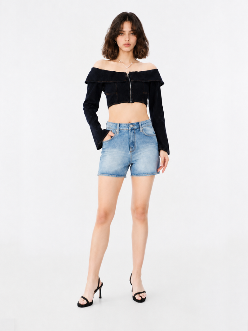 Asymmetric Wrap Denim Shorts