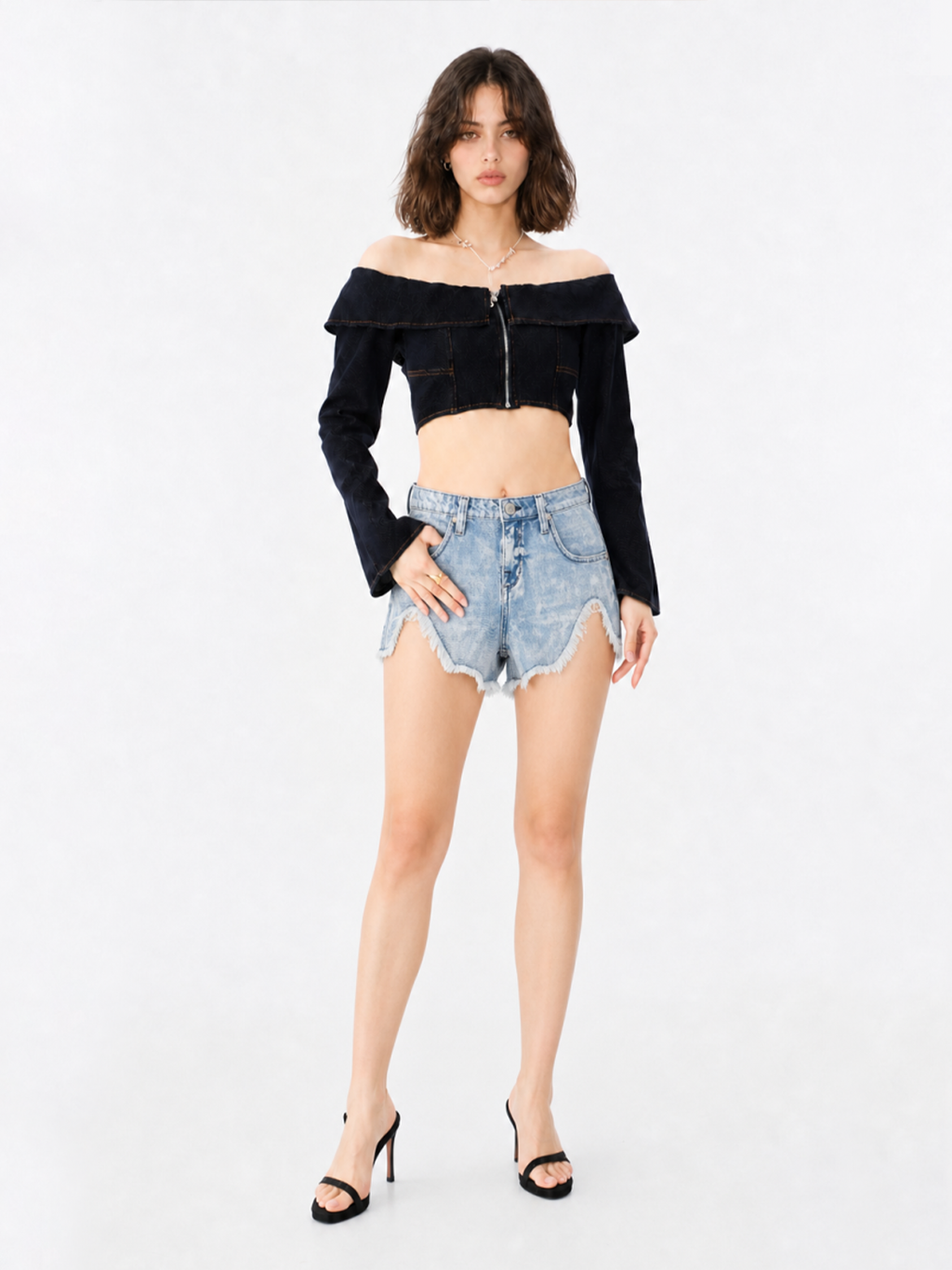 Curved Seam Denim Shorts