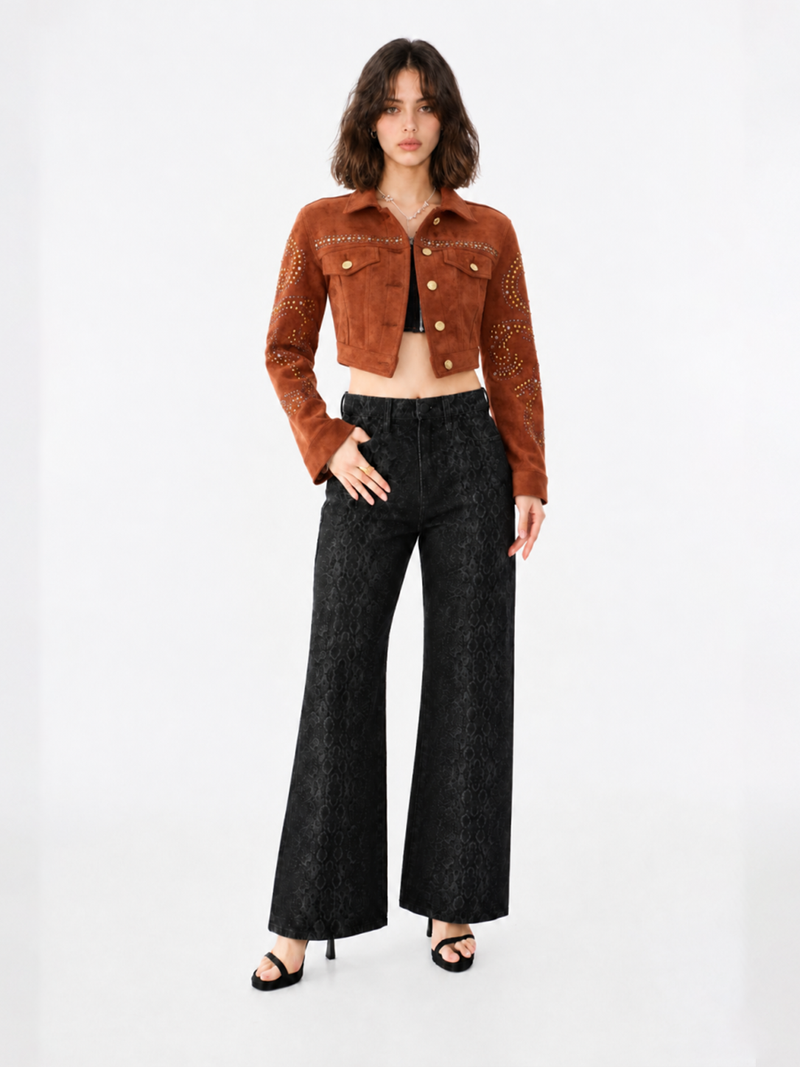 Studded Sleeve Brown Denim Jacket