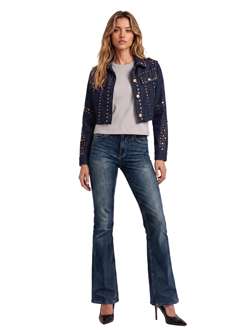 Gold-Stud Cropped Denim Jacket