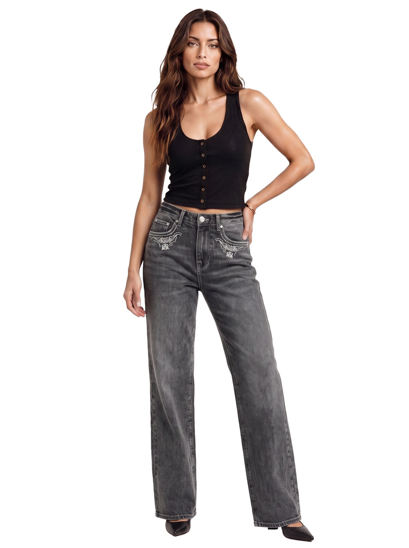 Kaia Mid Rise Embroidered Straight Jean