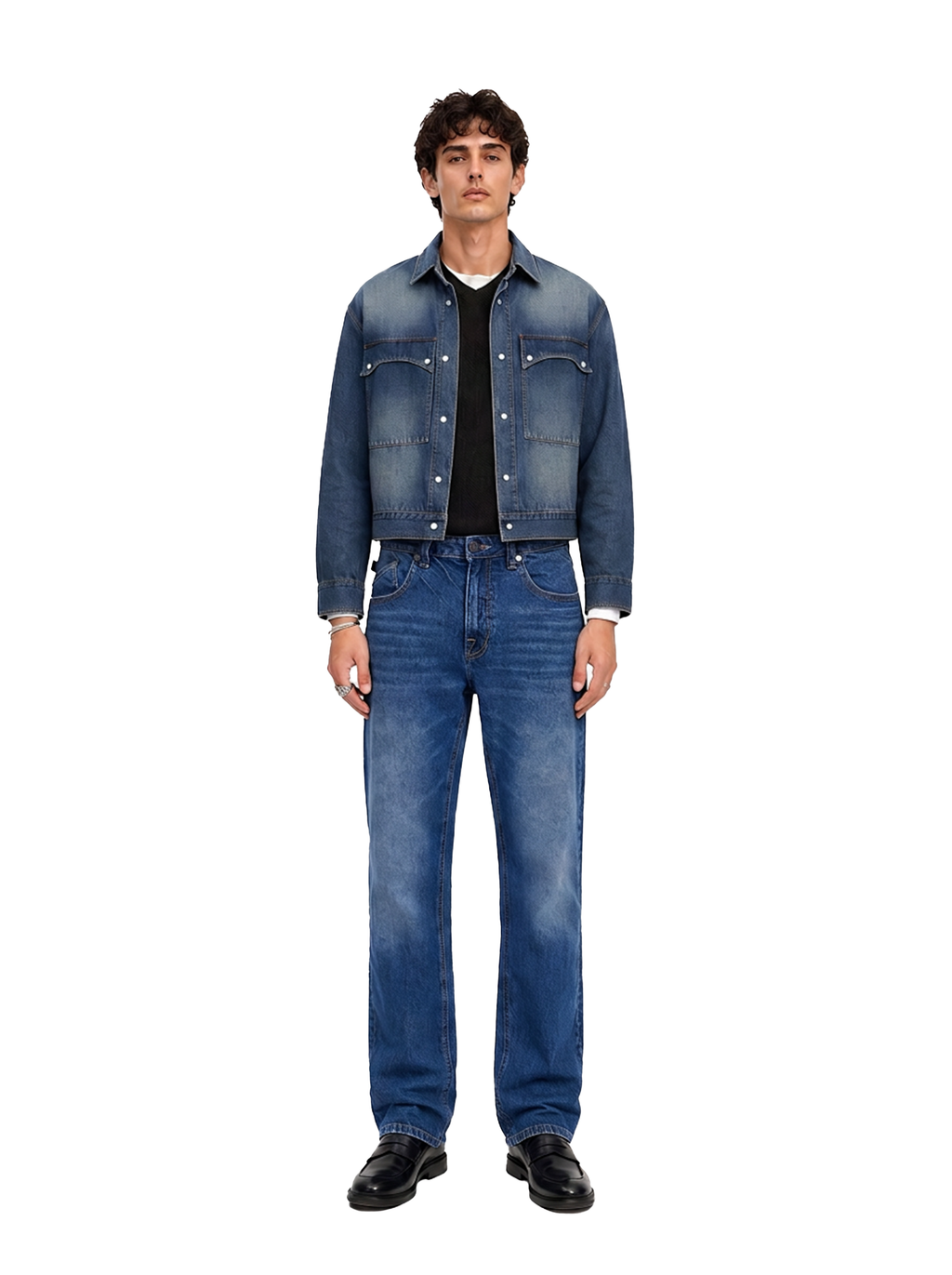Grady Mid Rise Contrast Stitch Relaxed Straight Jean