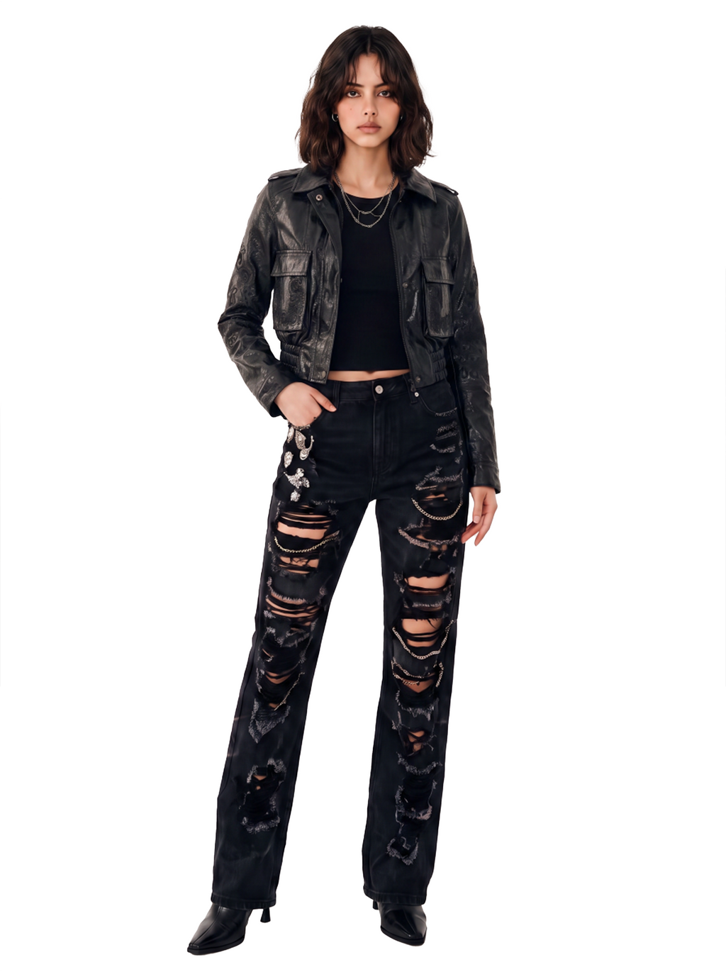 Women's Embroidered Cropped Leather Jacket