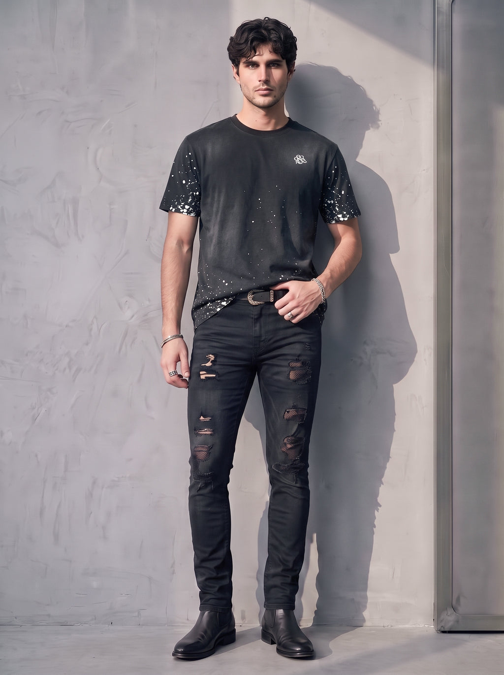 Rock Graphic T-Shirt with Distressed Paint Splatter Detail