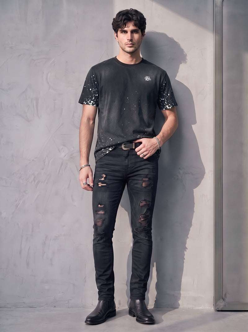 Rock Graphic T-Shirt with Distressed Paint Splatter Detail